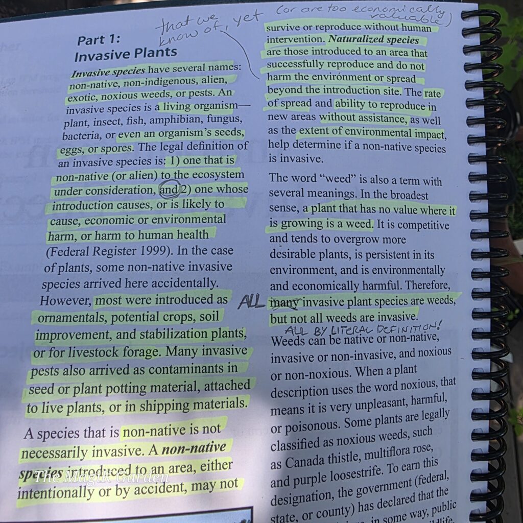 Page on invasive plants from the PA pesticide certification book for Category 23: Schools & Parks showing the topic of Invasive Plants along with highlighting and notes